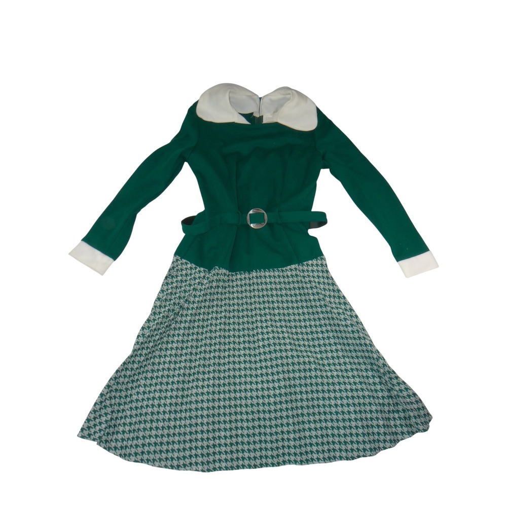 Vtg Montgomery Ward Green Houndstooth Mod Midi Dress Peter Pan Collar 18 Tall